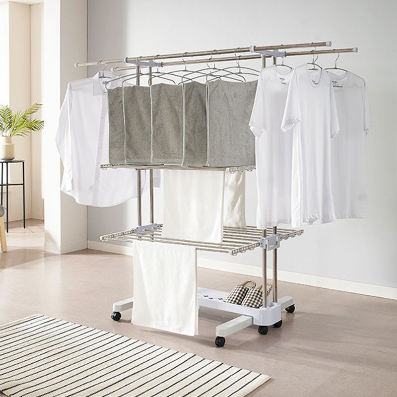 韩式晾衣架落地折叠家用多功能不锈钢移动带轮子晒衣服多层毛巾架